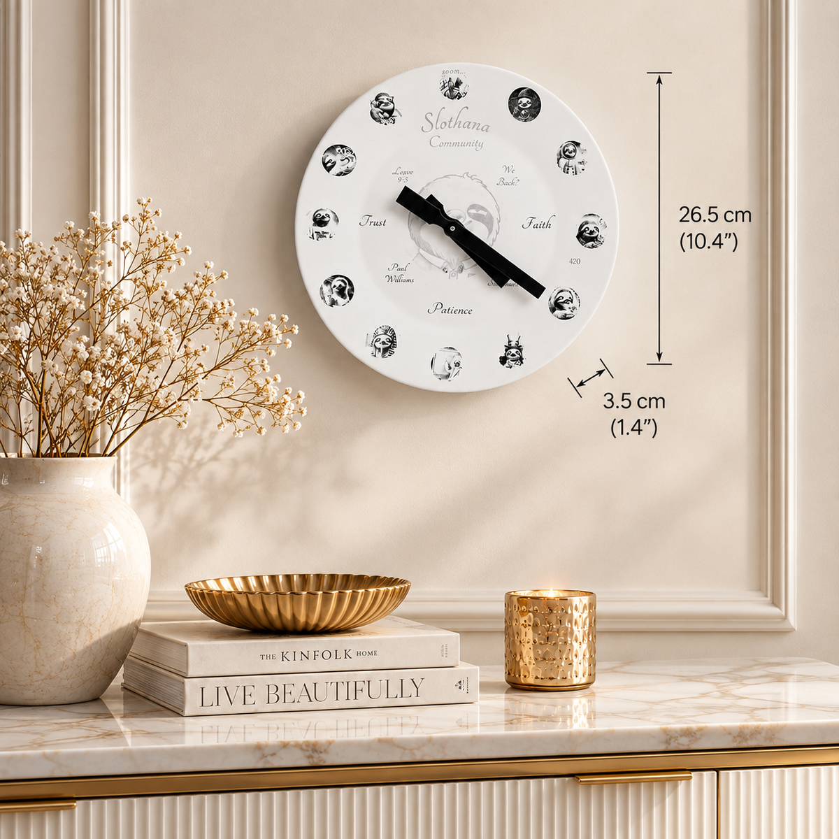 Keramické nástěnné hodiny Slothana bílé – Ø 265 mm – hotový motiv SLOTHANA