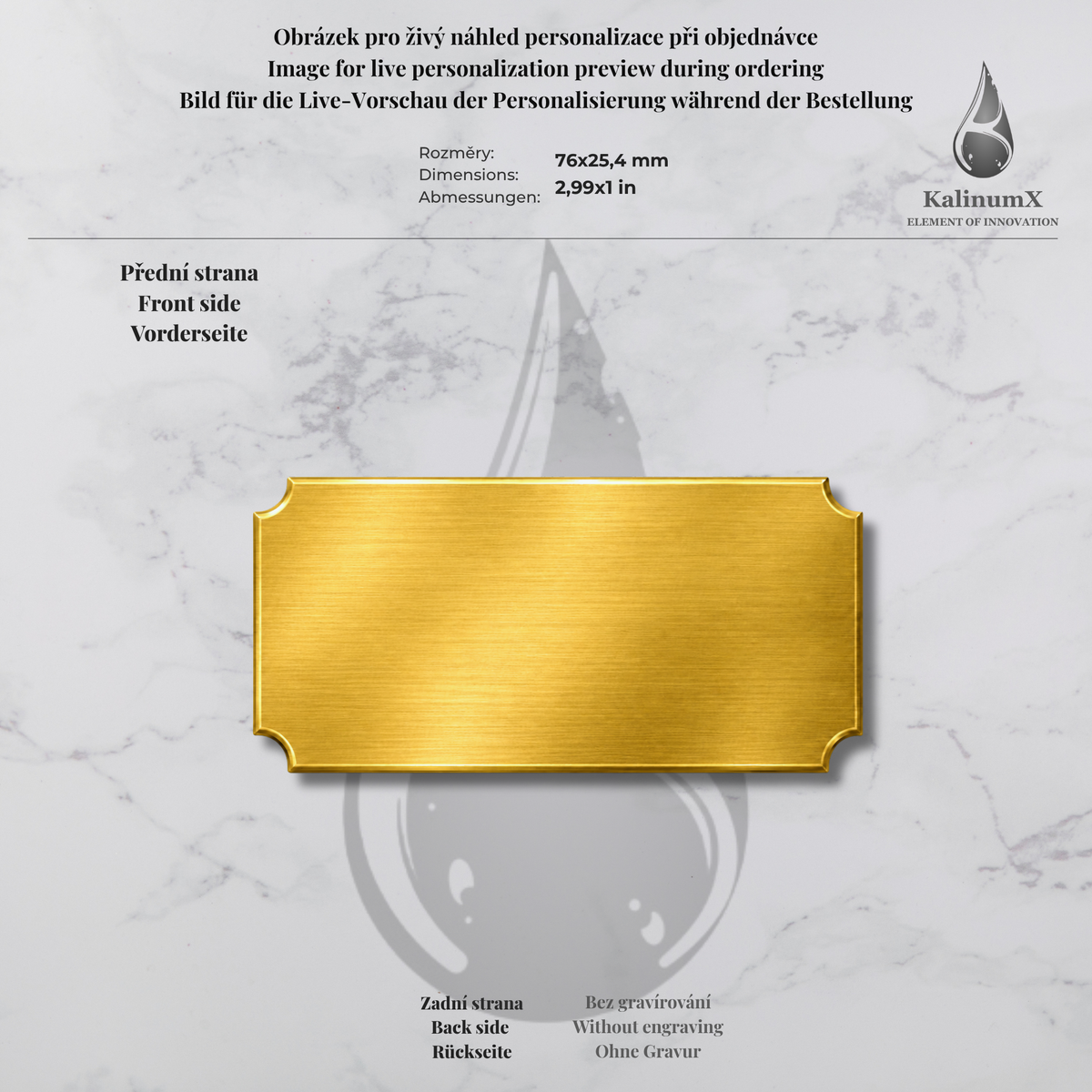 Metal nameplate, 76 × 25.4 × 0.5 mm, with engraving