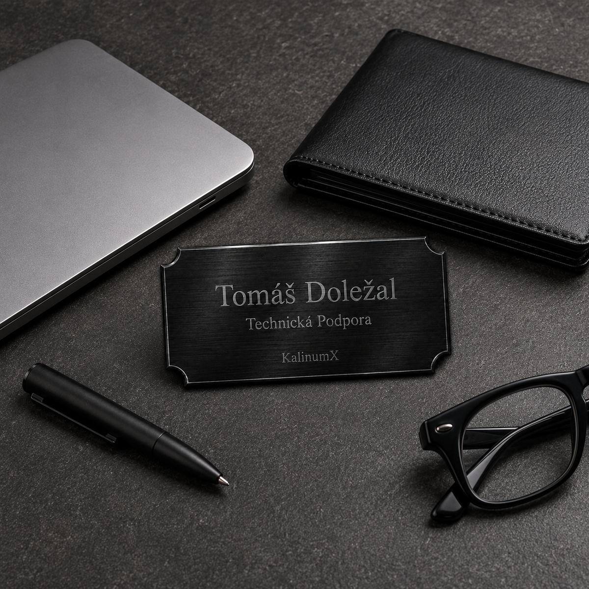 Metal nameplate, 76 × 25.4 × 0.5 mm, black, with engraving