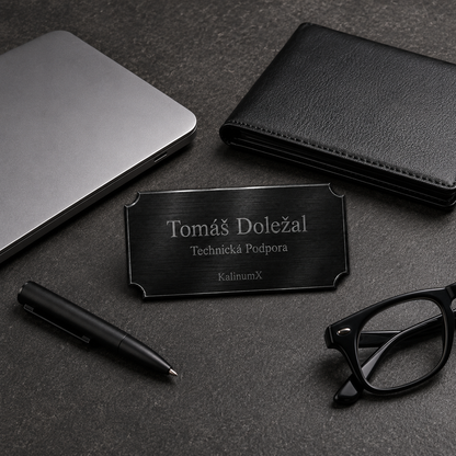 Metal nameplate, 76 × 25.4 × 0.5 mm, black, with engraving