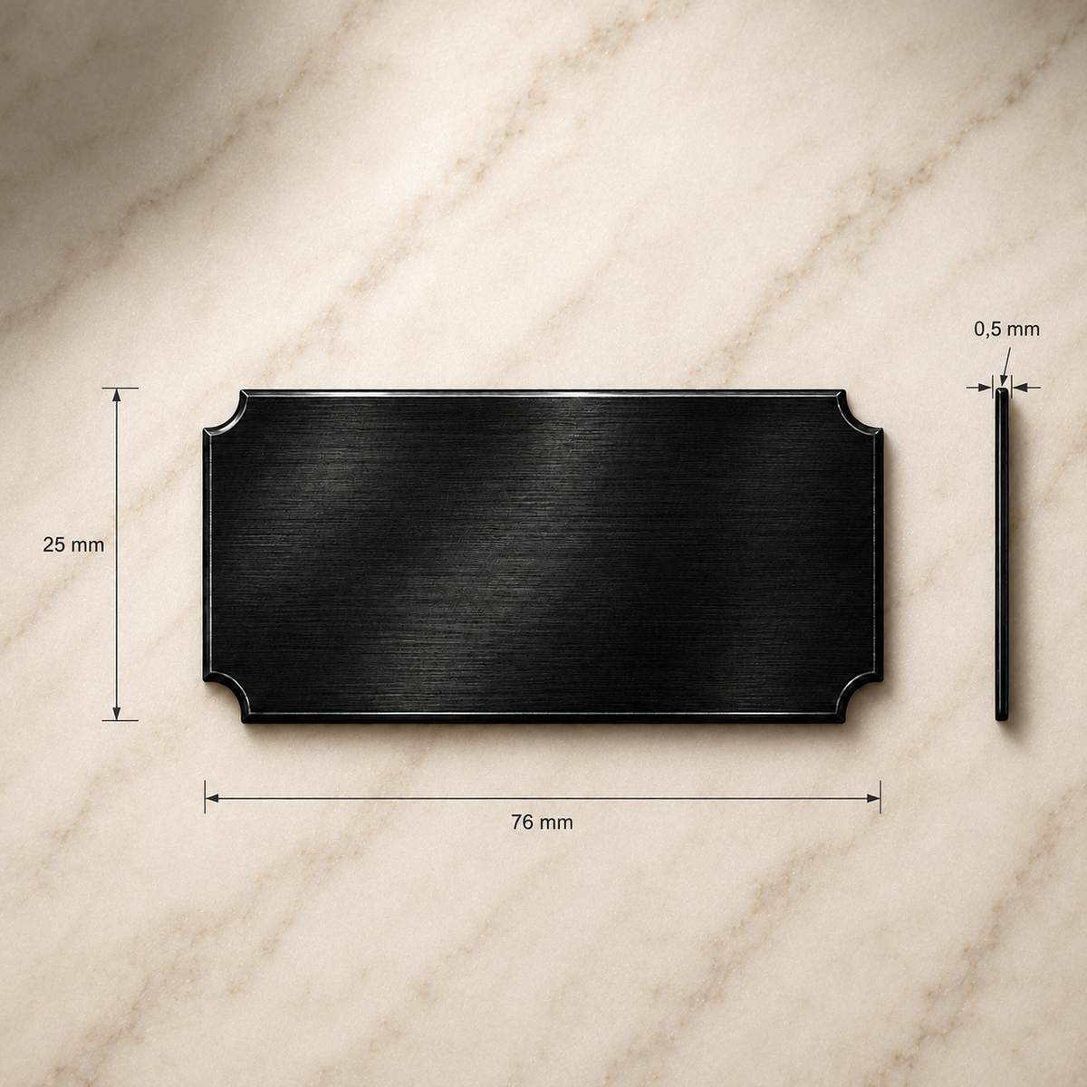 Metal nameplate, 76 × 25.4 × 0.5 mm, black, with engraving