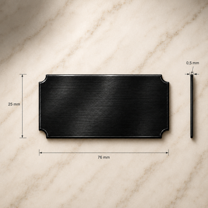 Metal nameplate, 76 × 25.4 × 0.5 mm, black, with engraving