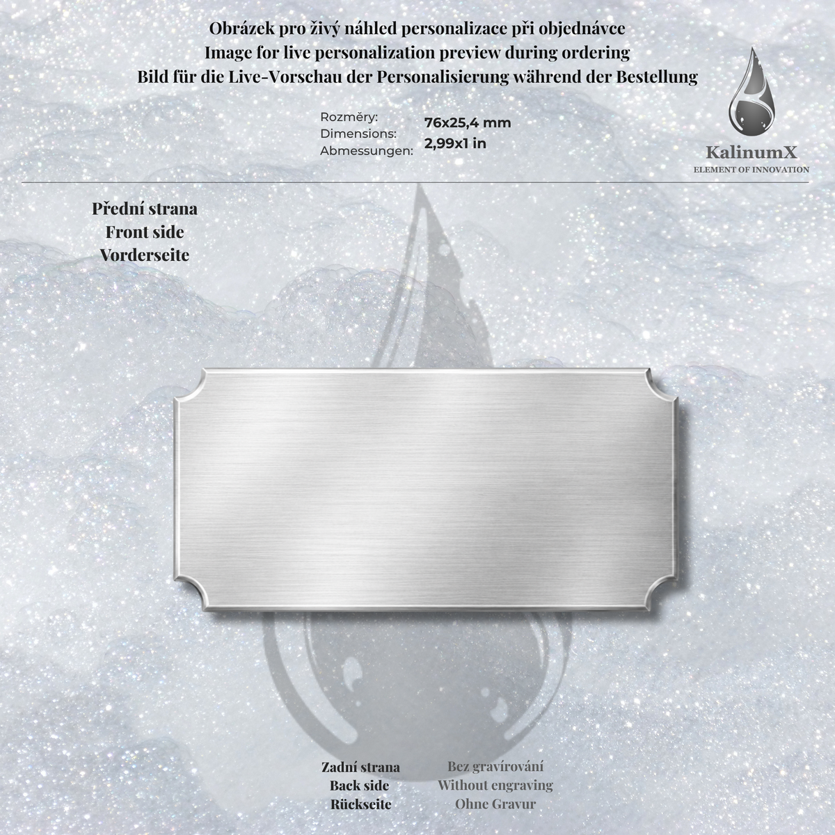 Metal nameplate, 76 × 25.4 × 0.5 mm, with engraving