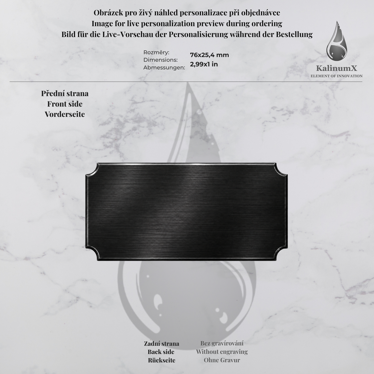 Metal nameplate, 76 × 25.4 × 0.5 mm, with engraving