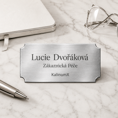 Metal nameplate, 76 × 25.4 × 0.5 mm, silver-tone, with engraving