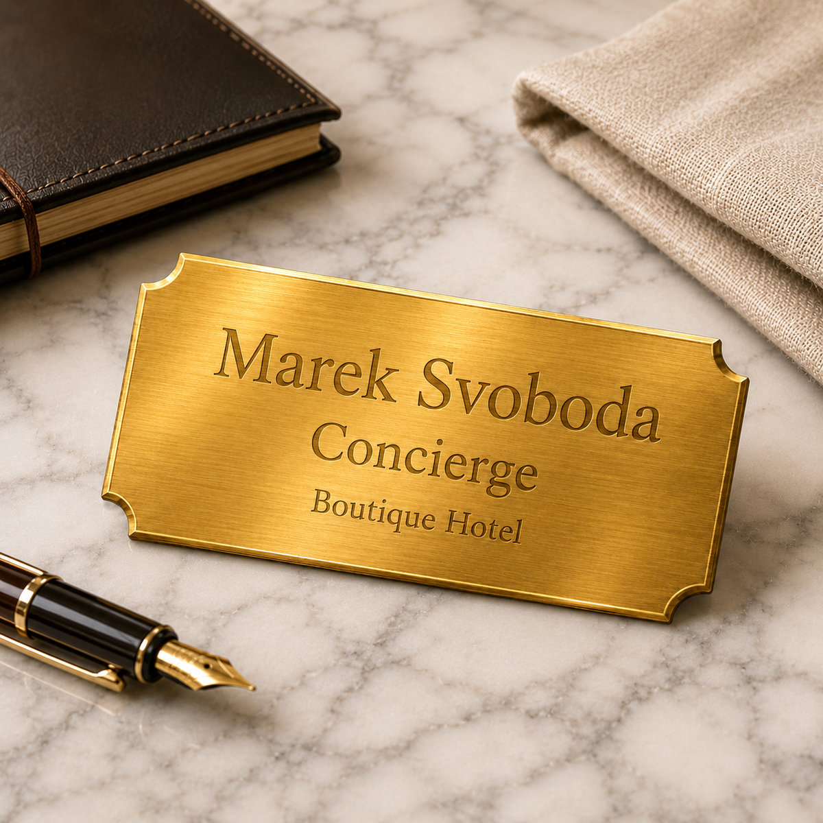 Metal nameplate, 76 × 25.4 × 0.5 mm, gold-tone, with engraving