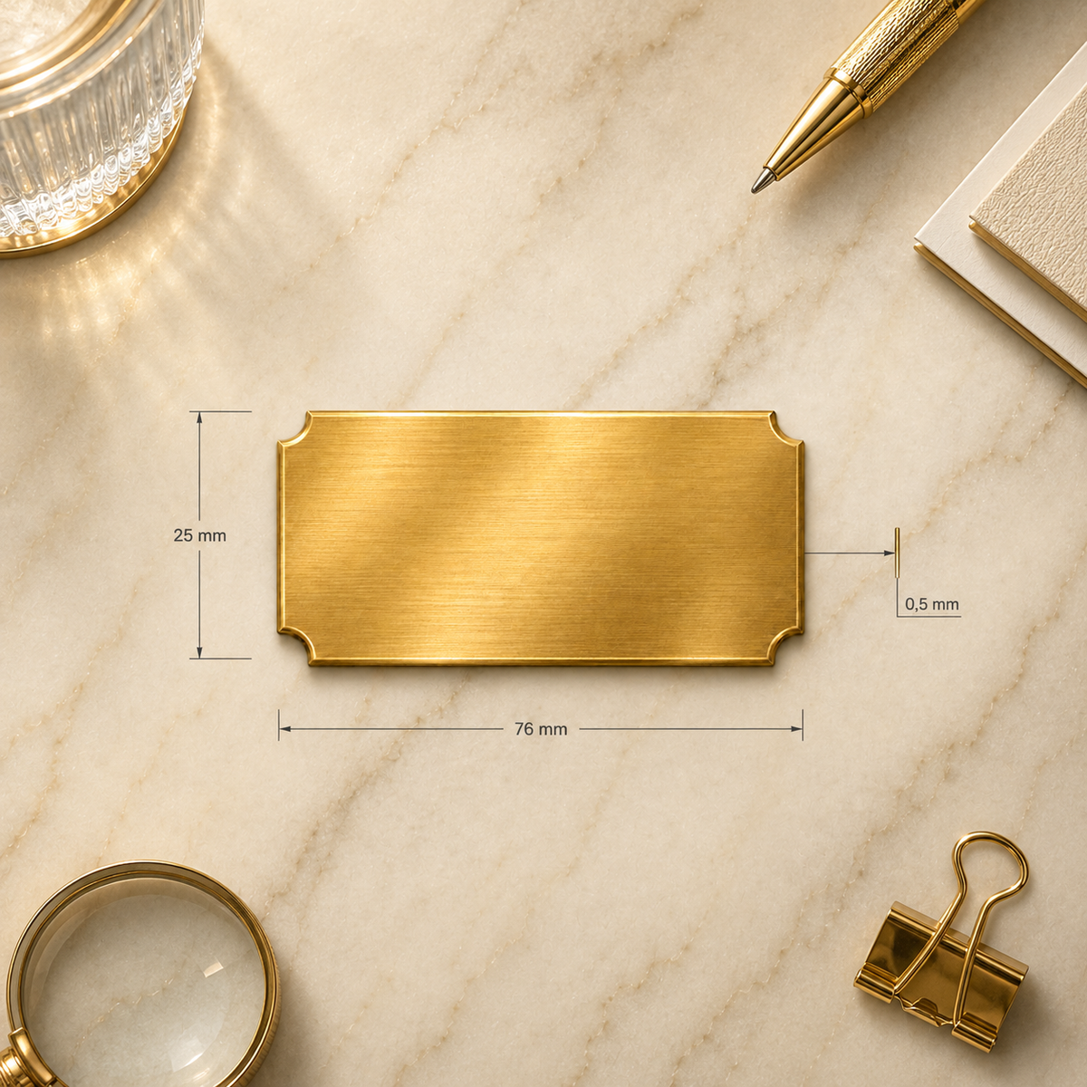 Metal nameplate, 76 × 25.4 × 0.5 mm, gold-tone, with engraving
