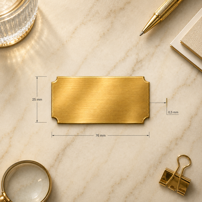 Metal nameplate, 76 × 25.4 × 0.5 mm, gold-tone, with engraving