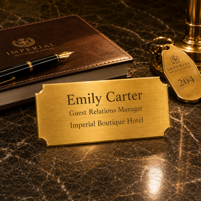 Metal nameplate, 76 × 25.4 × 0.5 mm, gold-tone, with engraving