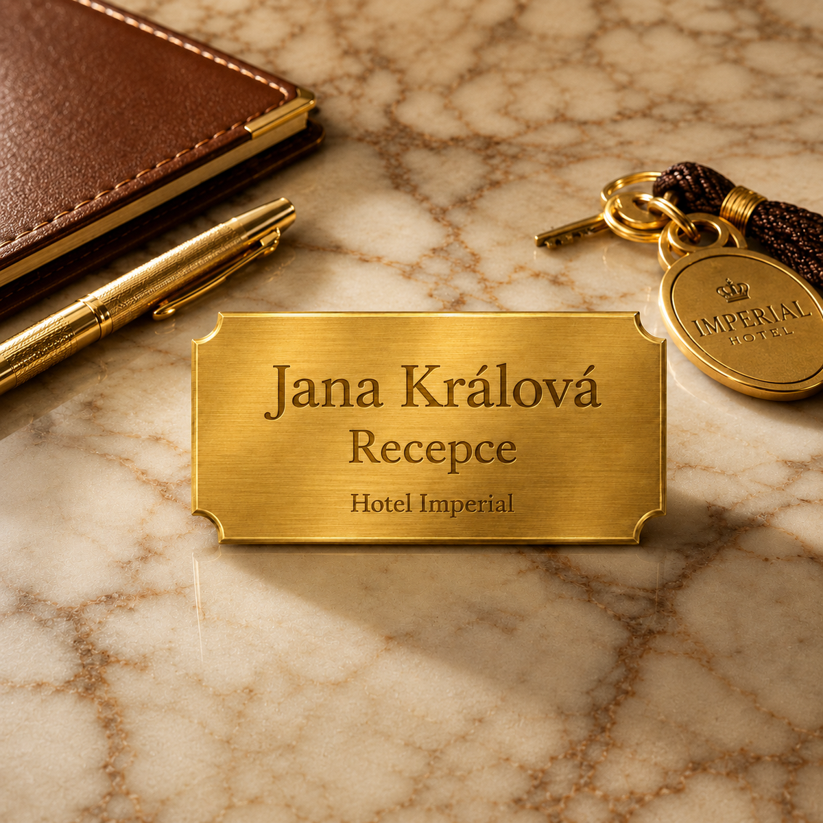 Metal nameplate, 76 × 25.4 × 0.5 mm, gold-tone, with engraving