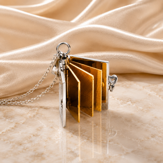 Stainless steel necklace with book pendant, KalinumX