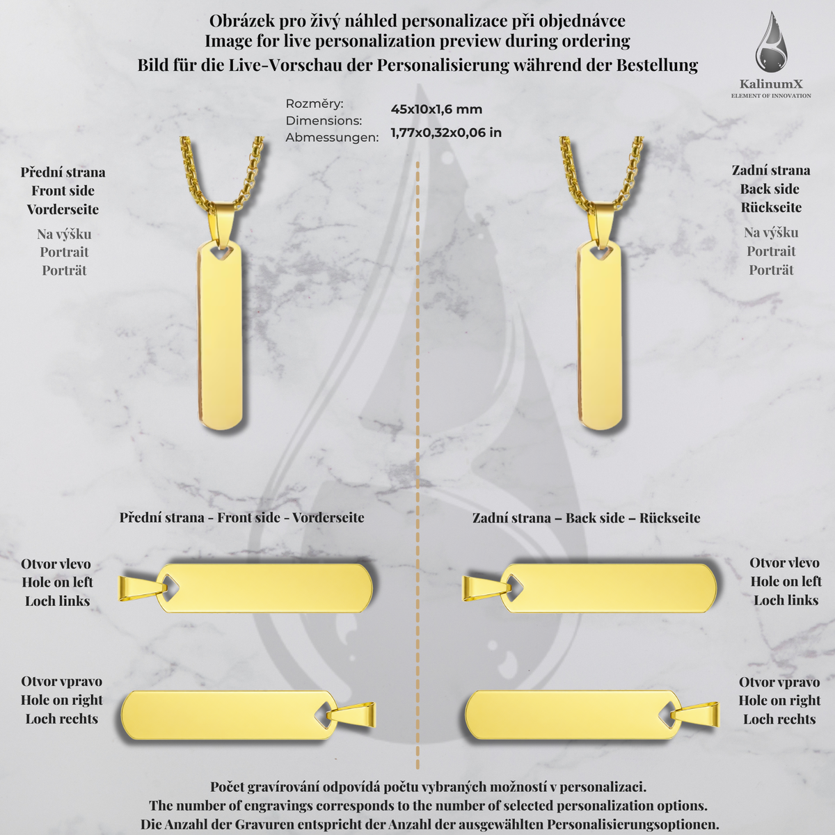 Náhrdelník z nerezu s destičkou 45 × 10 mm – zlatá, KalinumX