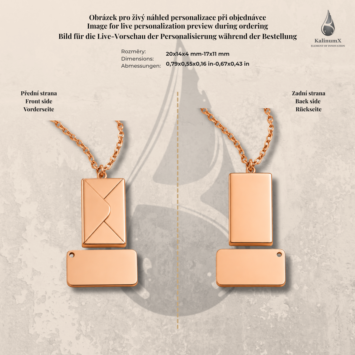 Stainless steel necklace with envelope pendant – rose gold-tone, KalinumX
