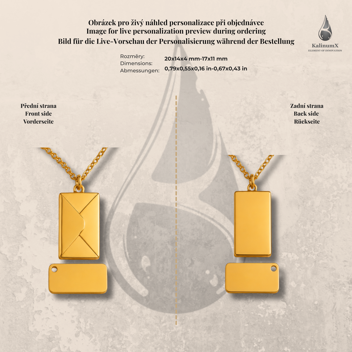 Stainless steel necklace with envelope pendant – gold-tone, KalinumX