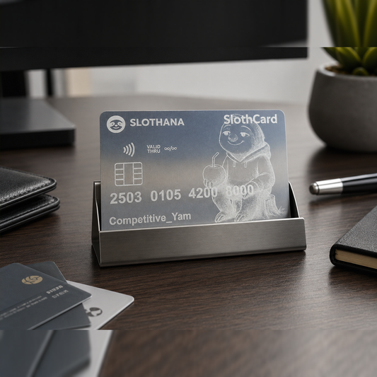 Slothana community card, 86 × 54 × 0.2 mm, aluminium, silver-tone
