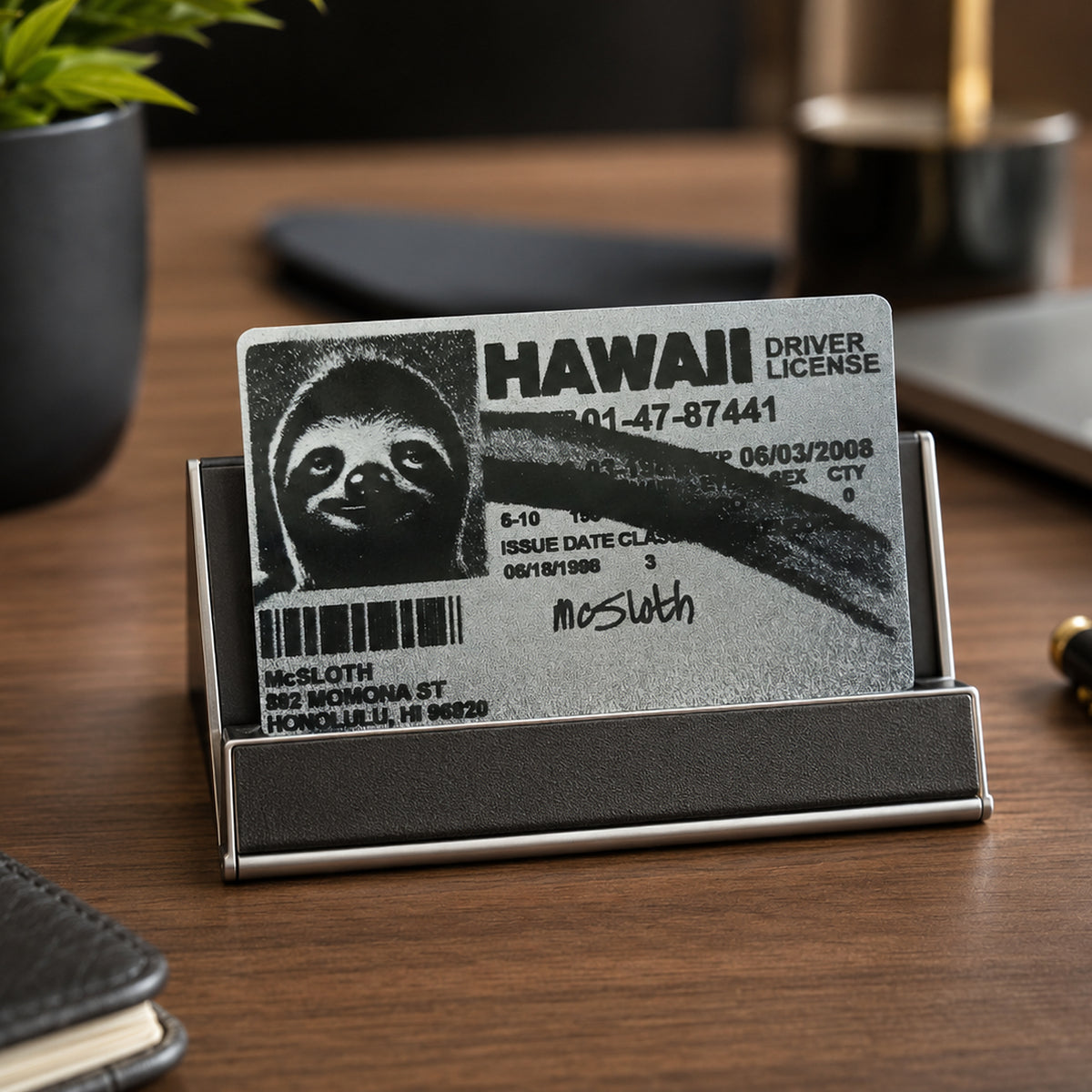 Slothana Hawaii Driver License card, 86 × 54 × 0.2 mm, aluminium, black