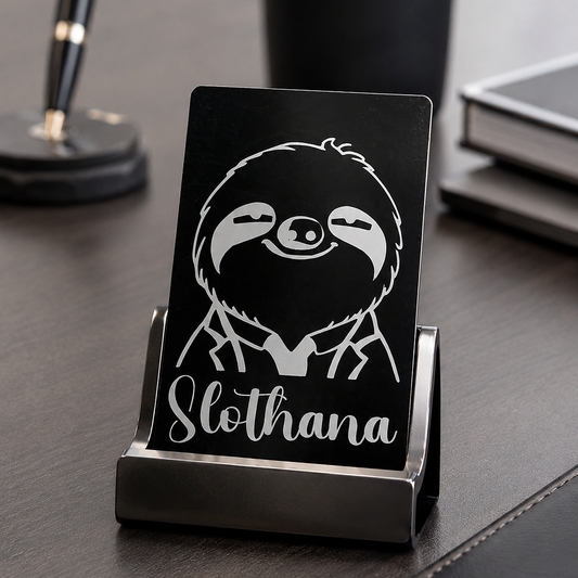 Slothana Suited Sloth Portrait card, 86 × 54 × 0.2 mm, aluminium, black