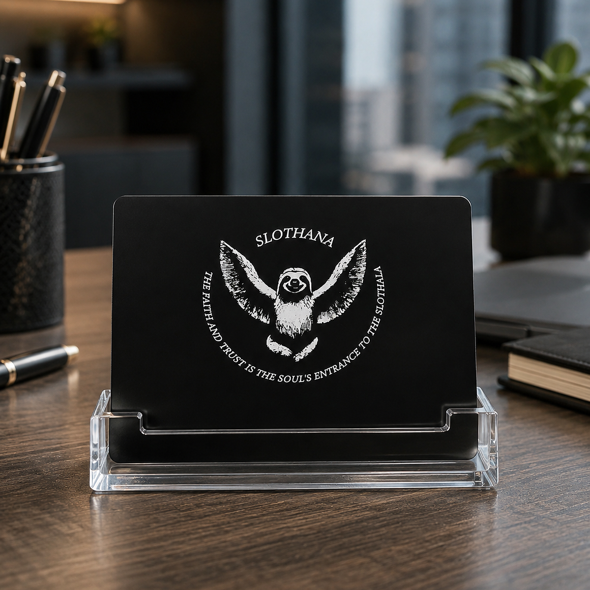 Slothana-Karte Winged Sloth / Faith & Trust, 86 × 54 × 0,2 mm, Aluminium, schwarz