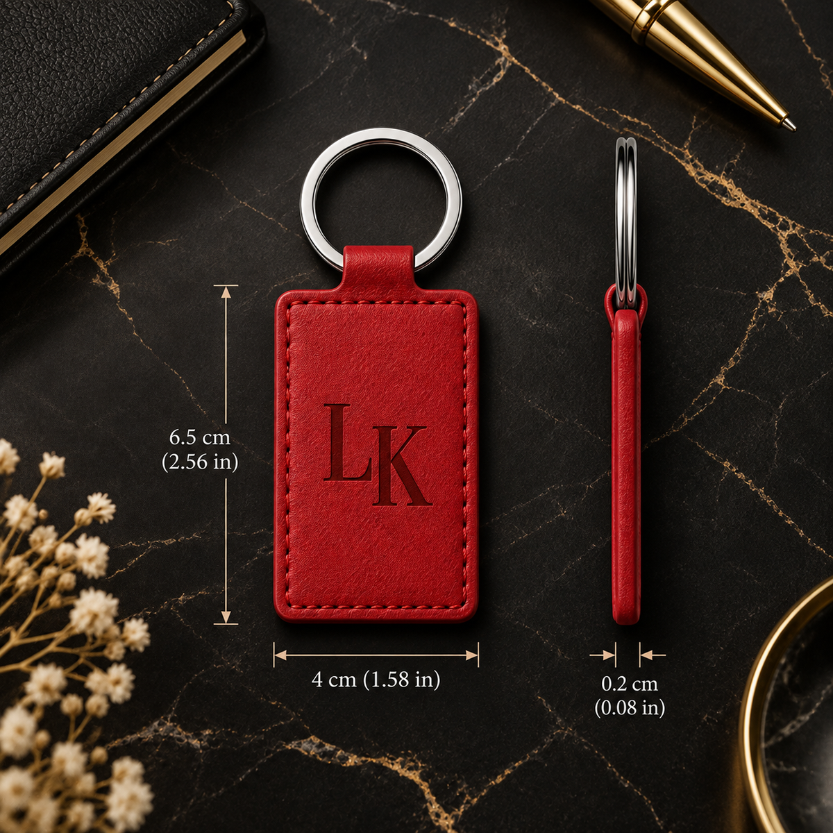 Klíčenka hranatá 65 × 40 mm – PU koženka, s gravírováním