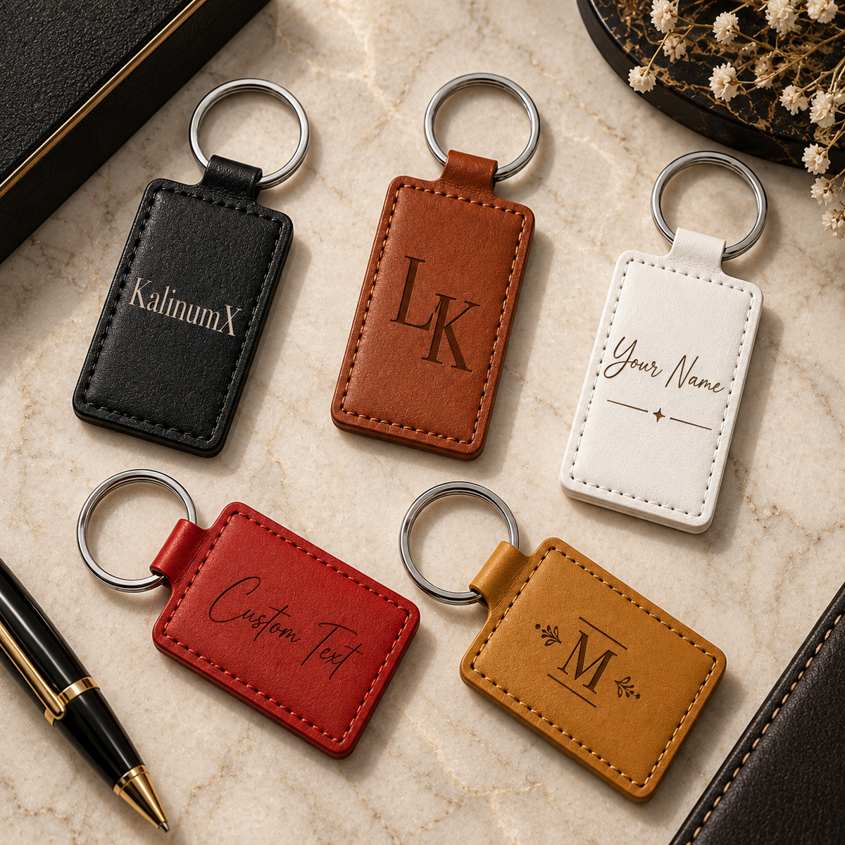 Klíčenka hranatá 65 × 40 mm – PU koženka, s gravírováním