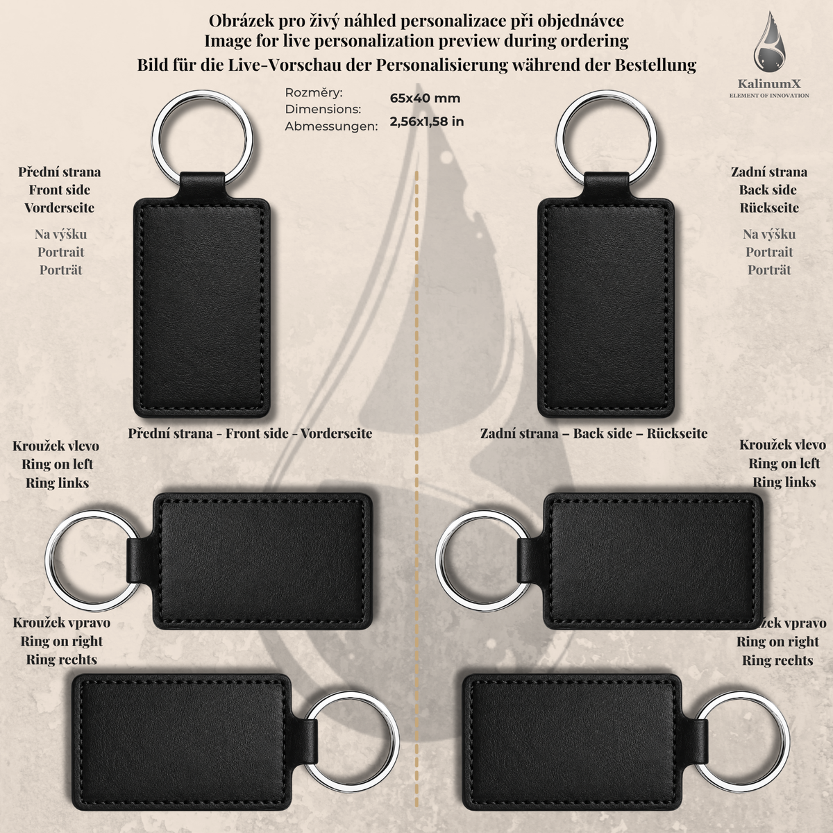 Klíčenka hranatá 65 × 40 mm – PU koženka, s gravírováním