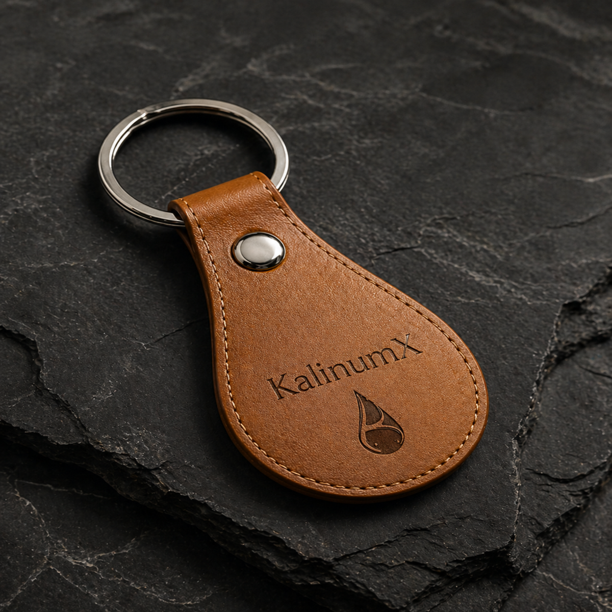 Teardrop-shaped PU leatherette keyring – 53 × 32 mm – white – engraved