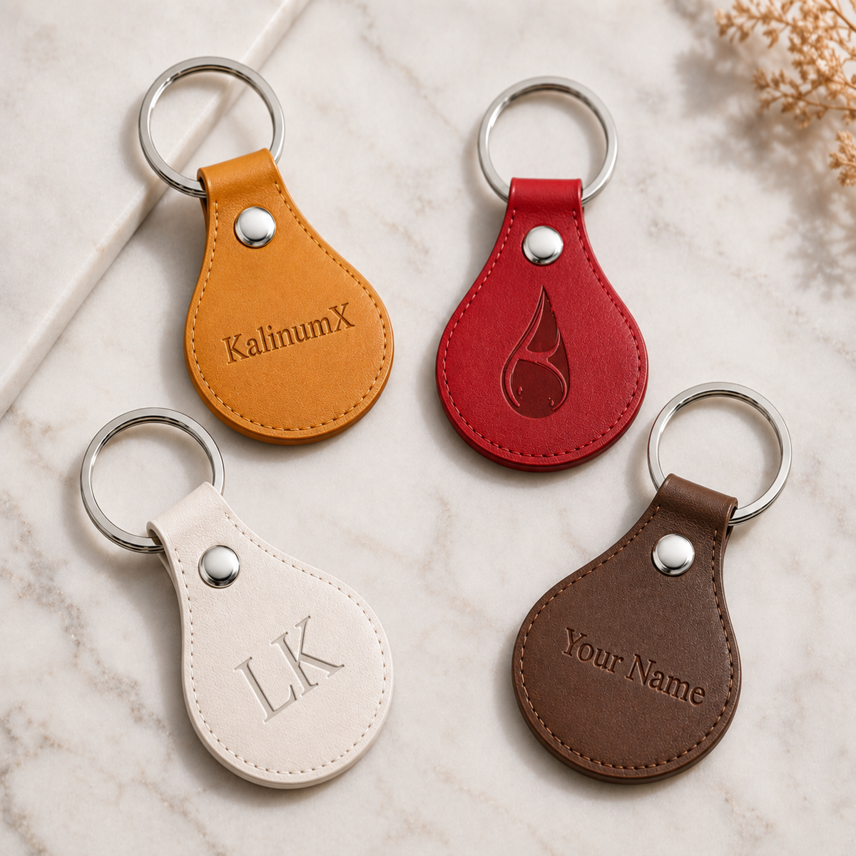 Teardrop-shaped PU leatherette keyring – 53 × 32 mm – engraved