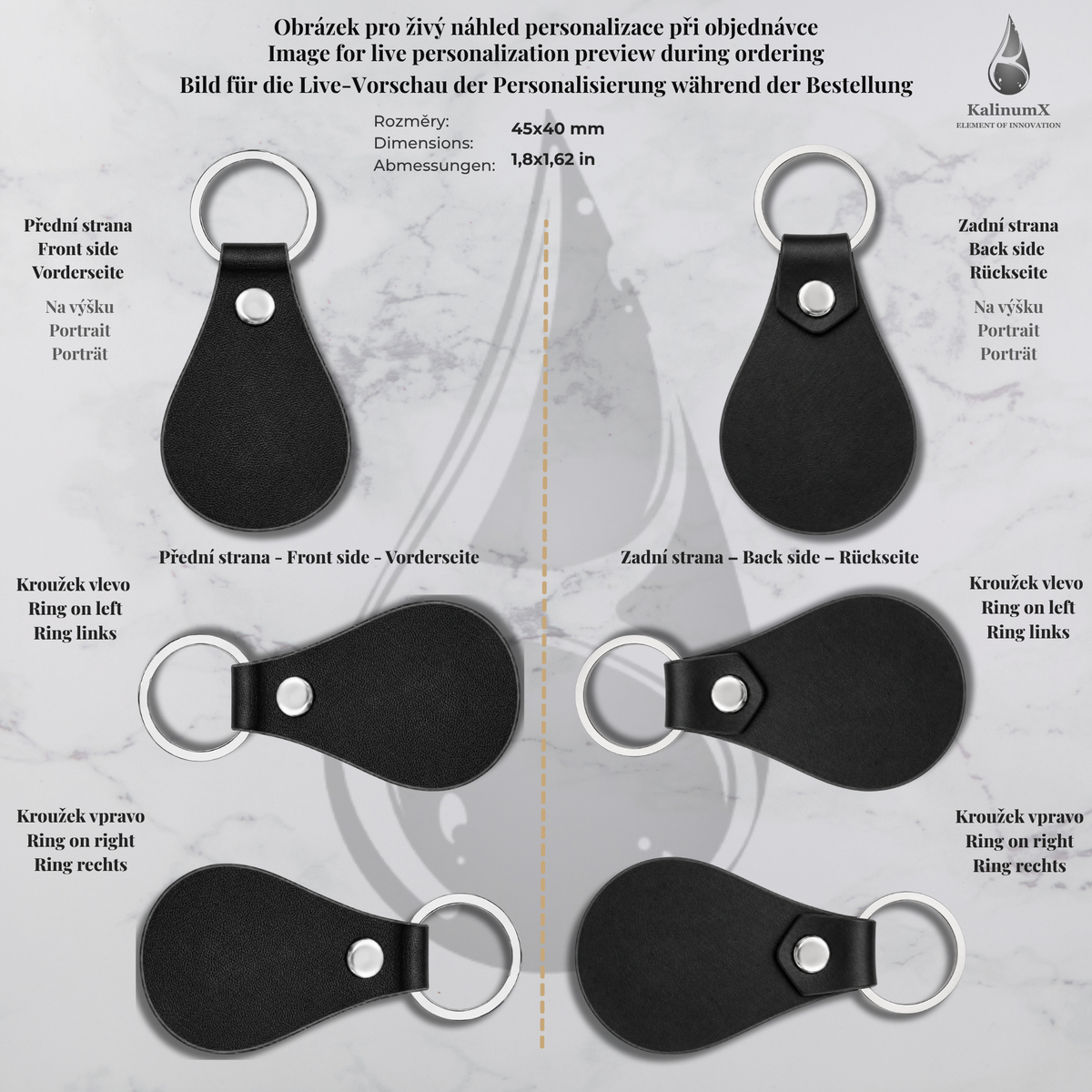 Teardrop-shaped PU leatherette keyring – 53 × 32 mm – engraved