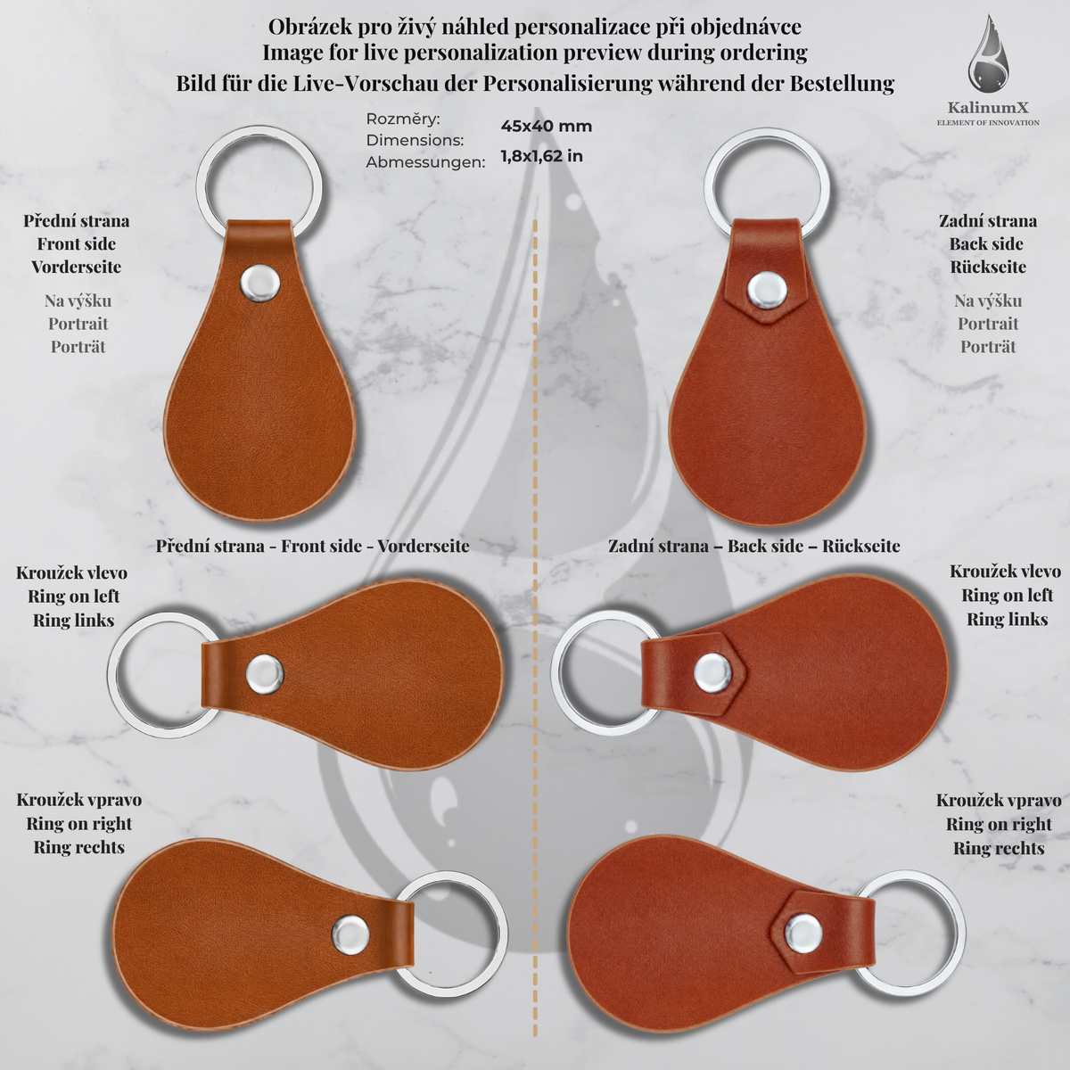Teardrop-shaped PU leatherette keyring – 53 × 32 mm – engraved
