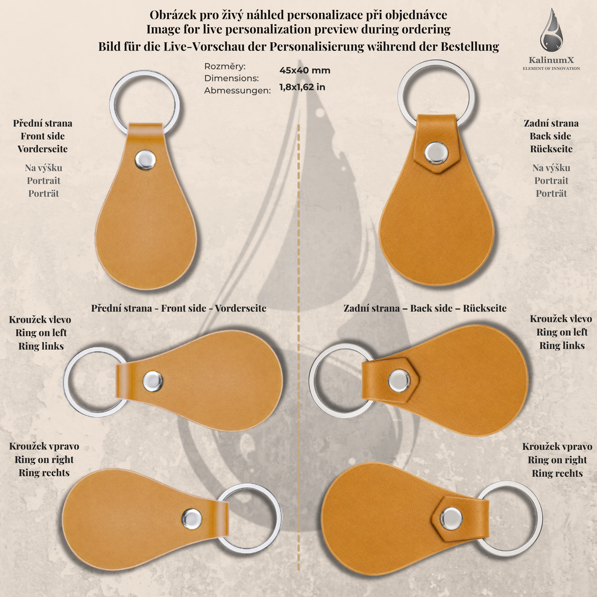 Teardrop-shaped PU leatherette keyring – 53 × 32 mm – engraved