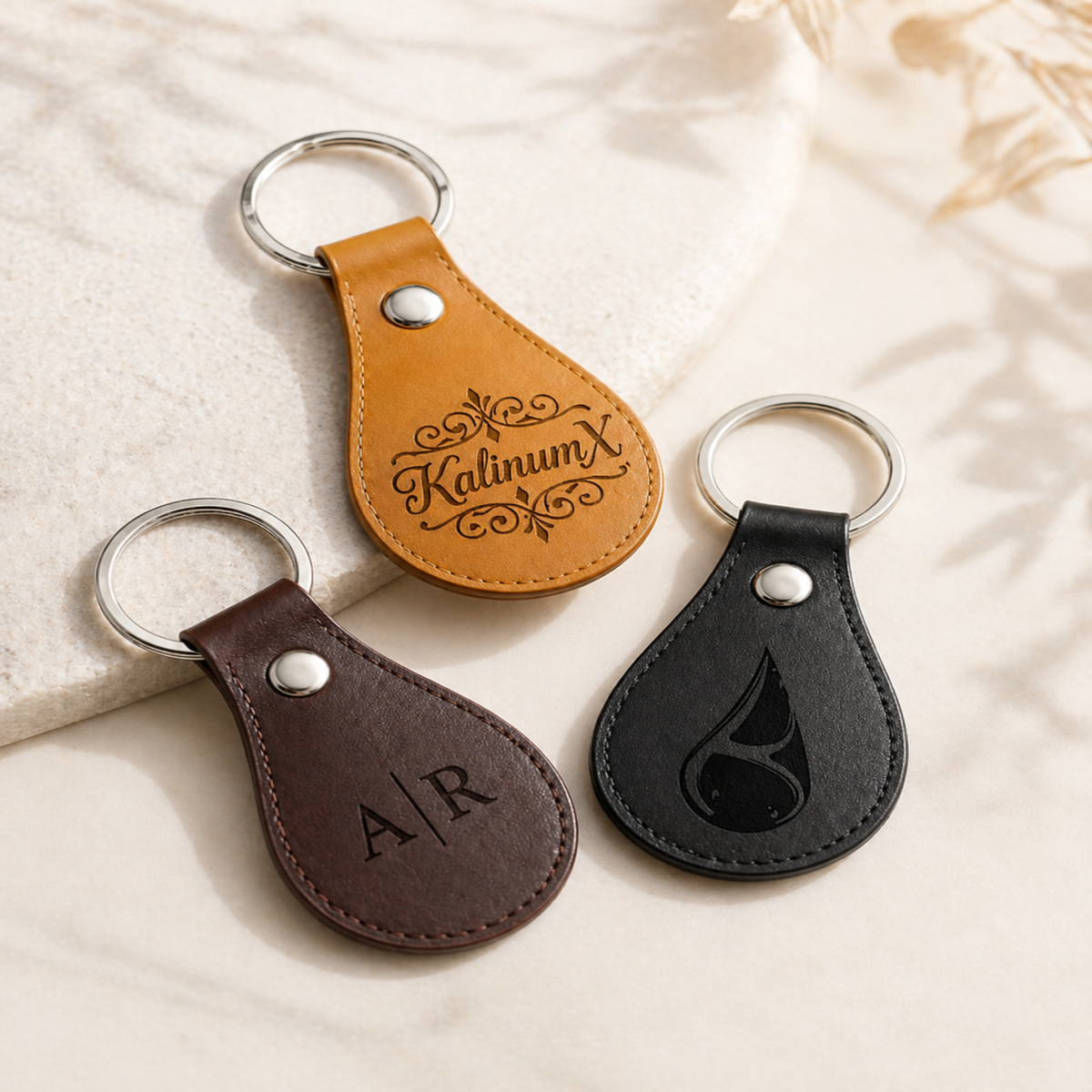 Teardrop-shaped PU leatherette keyring – 53 × 32 mm – light brown – engraved