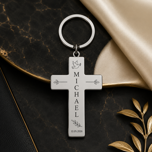 Cross-shaped stainless steel keyring – 48,1 × 29,5 mm – engraved
