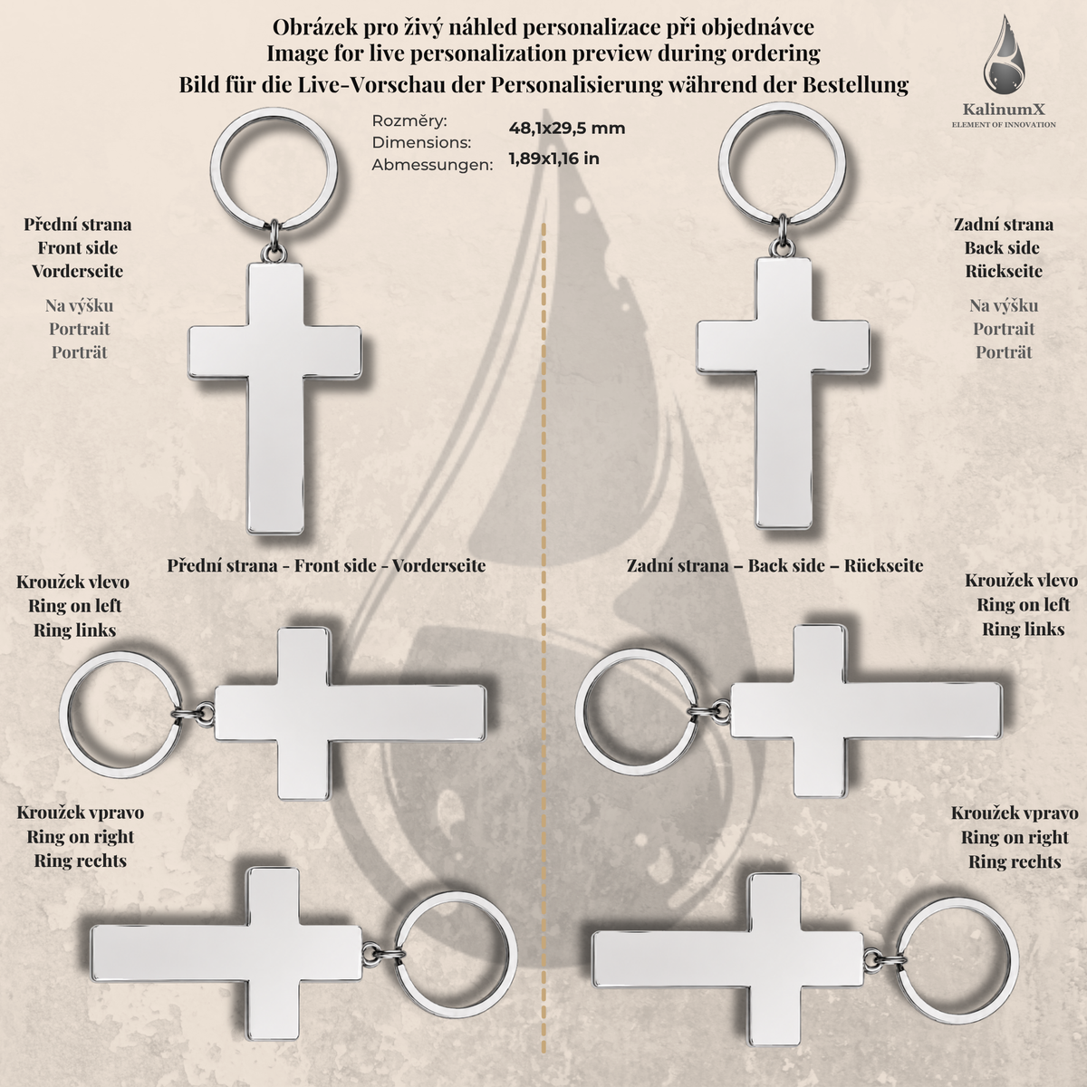 Klíčenka z nerezu – kříž 48,1 × 29,5 mm, stříbrná, s gravírováním