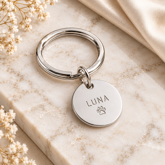 Round stainless steel keyring – engraved