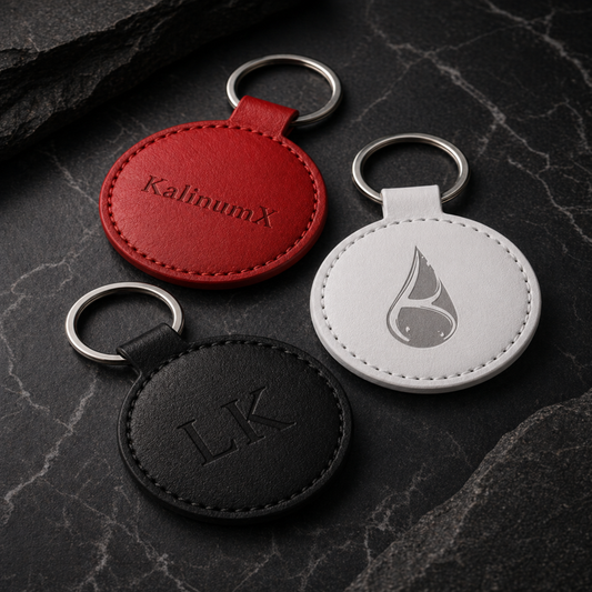 Round PU leatherette keyring – Ø 55 mm – engraved