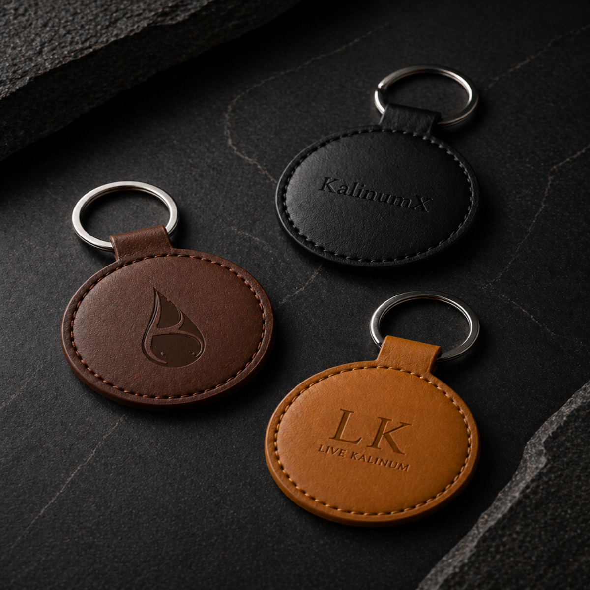 Round PU leatherette keyring – Ø 55 mm – engraved