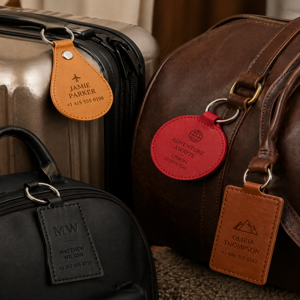 Round PU leatherette keyring – Ø 55 mm – engraved