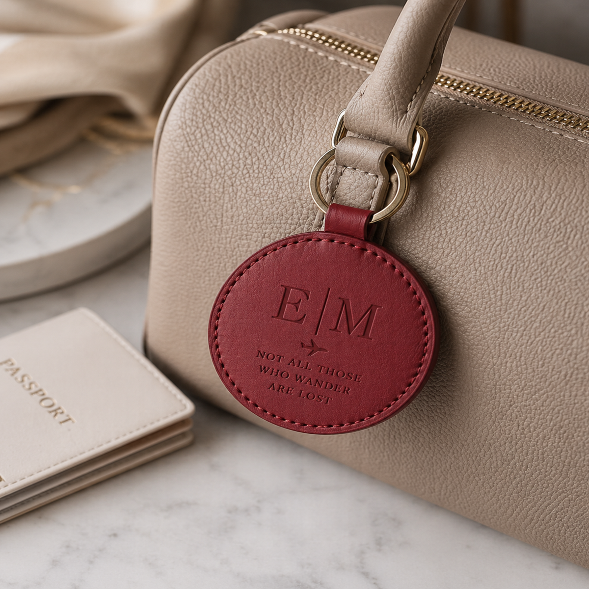 Round PU leatherette keyring – Ø 55 mm – engraved