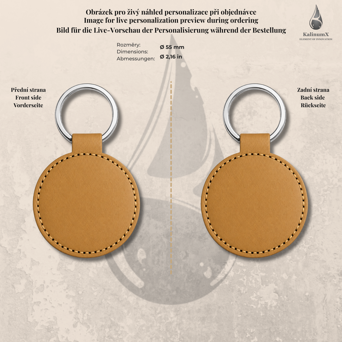 Round PU leatherette keyring – Ø 55 mm – engraved