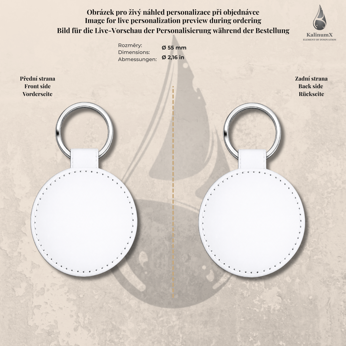 Round PU leatherette keyring – Ø 55 mm – engraved