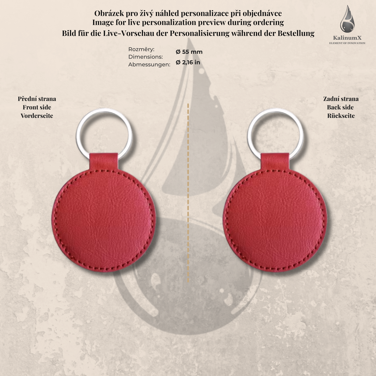 Round PU leatherette keyring – Ø 55 mm – engraved