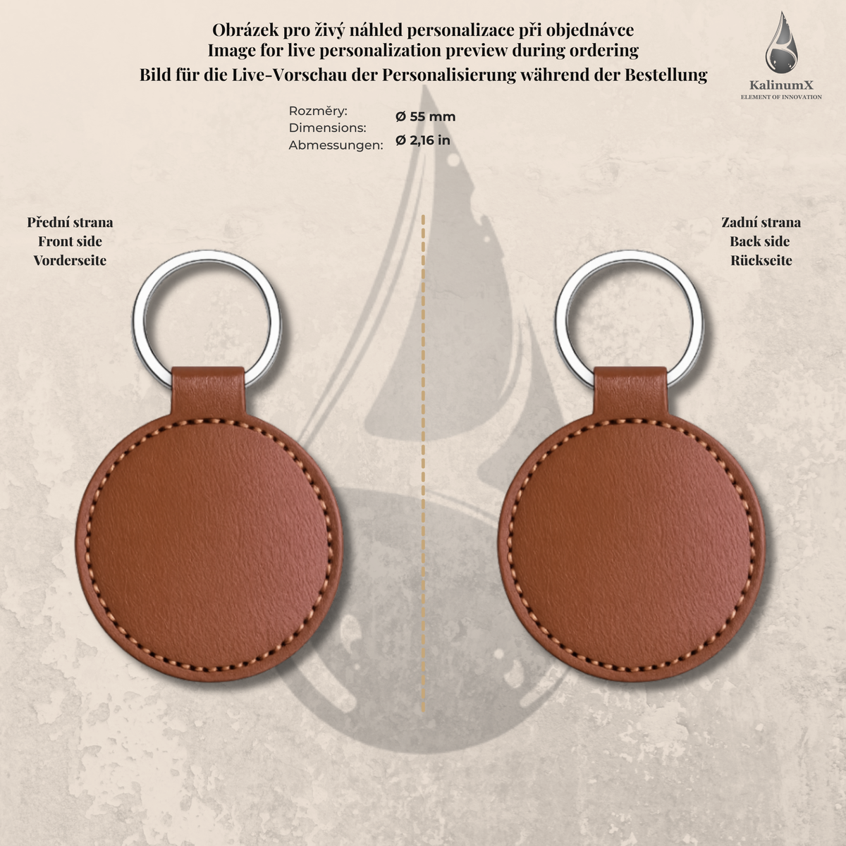 Round PU leatherette keyring – Ø 55 mm – engraved