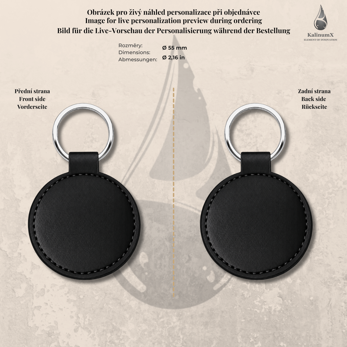 Round PU leatherette keyring – Ø 55 mm – engraved