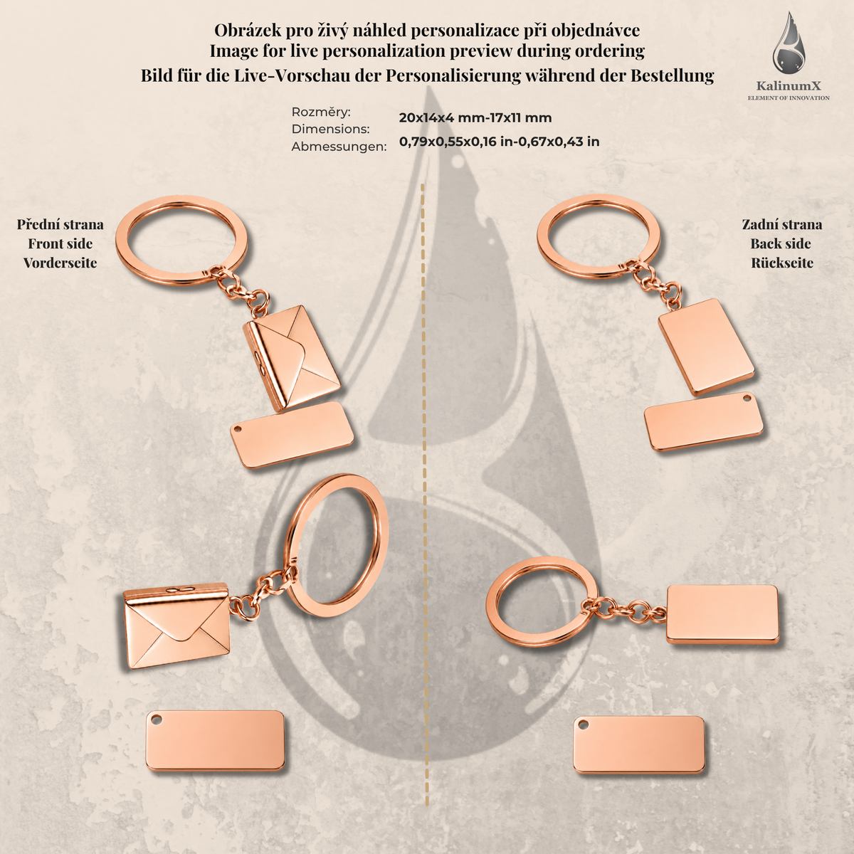 Klíčenka z nerezu – psaníčko 20 × 14 × 4 mm, růžově zlatá, s gravírováním
