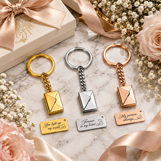 Envelope-shaped stainless steel keyring – 20 × 14 × 4 mm – engraved