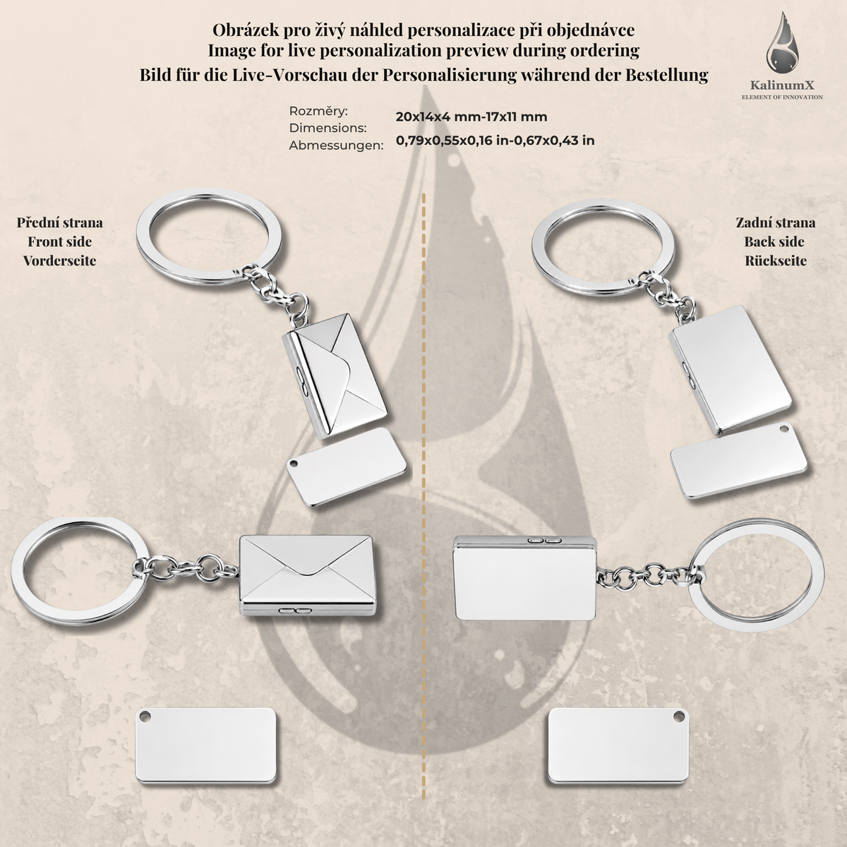 Klíčenka z nerezu – psaníčko 20 × 14 × 4 mm, stříbrná, s gravírováním