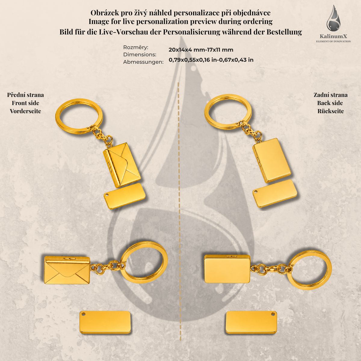 Klíčenka z nerezu – psaníčko 20 × 14 × 4 mm, zlatá, s gravírováním