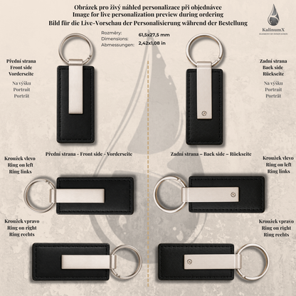 Klíčenka s nerezovou destičkou 61,5 × 27,5 mm – PU koženka a nerez, s gravírováním