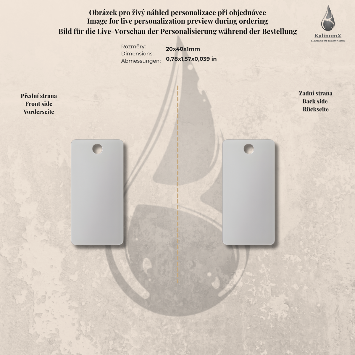 Klíčenka z nerezu s otvorem 40 × 20 × 1 mm, stříbrná, s gravírováním