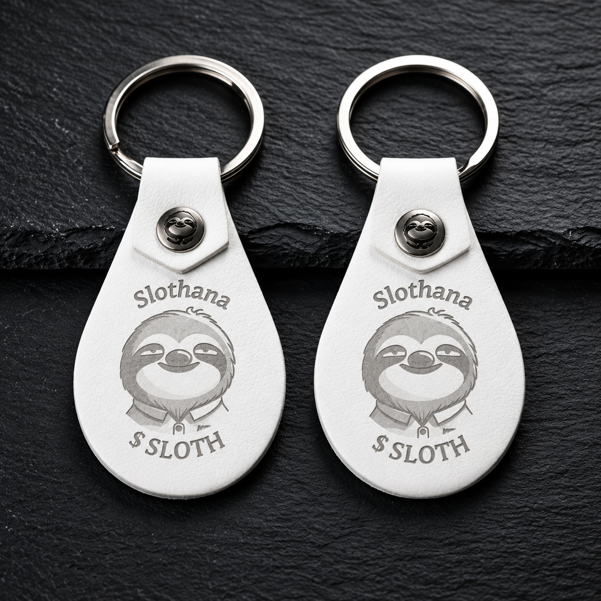 Schlüsselanhänger aus PU-Kunstleder – 53 × 32 mm – weiß – Slothana-Motiv Classic Sloth – graviert